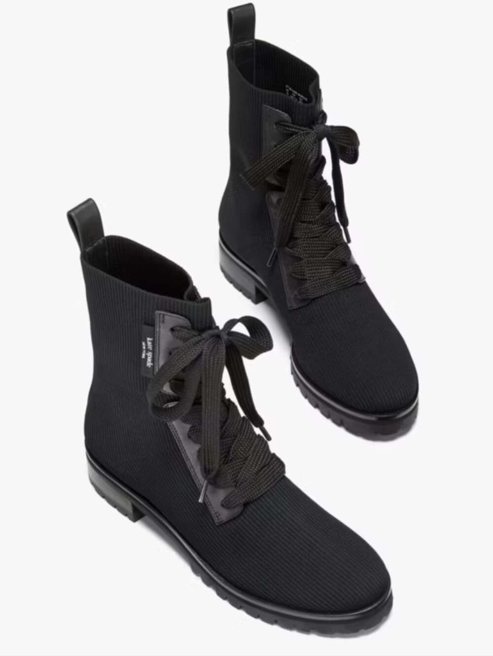 KATE SPADE Black Knit Merigue Lace Up Combat Leather Sole Boots